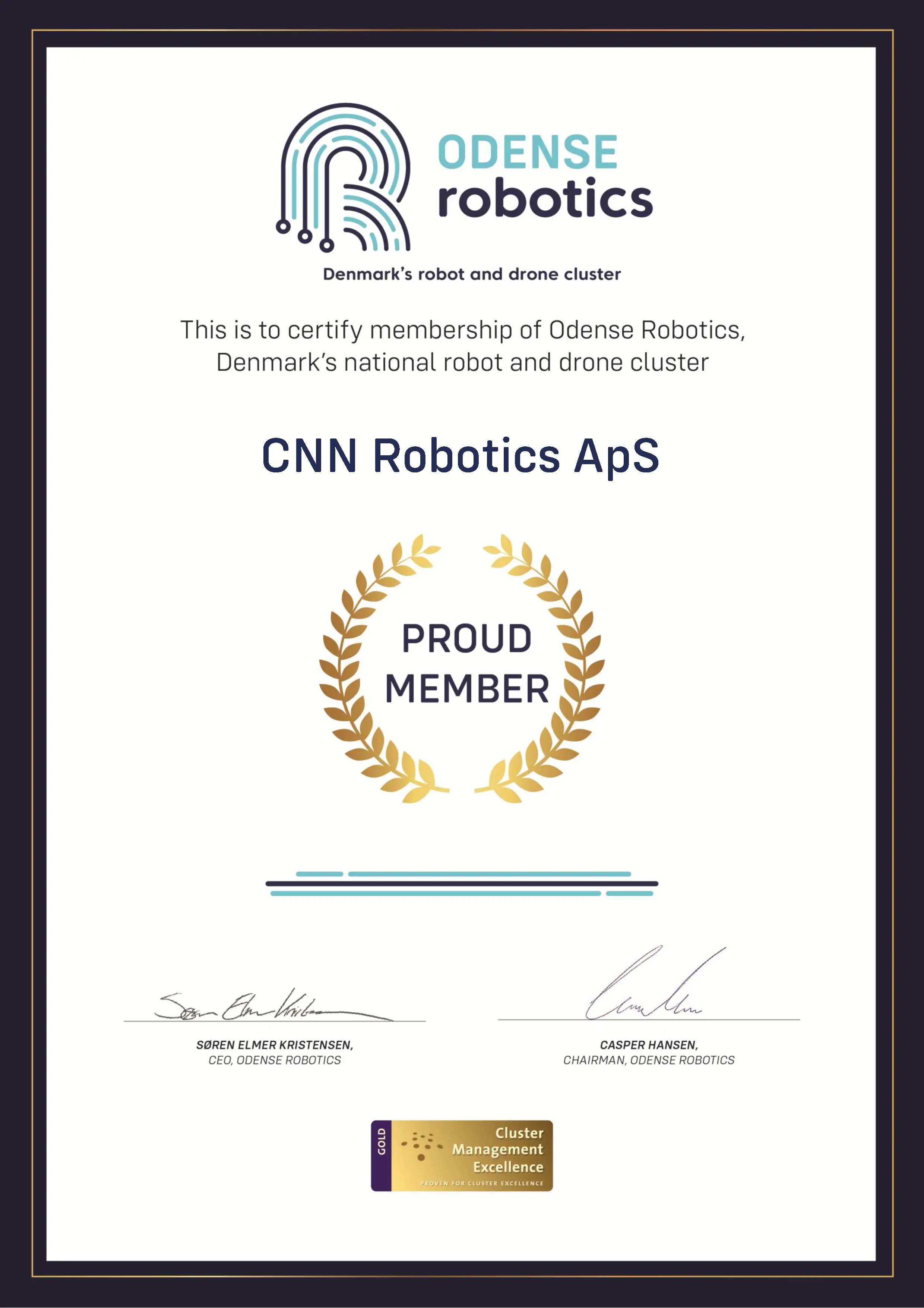 Odense Robotics membership certificate for CNN Robotics ApS